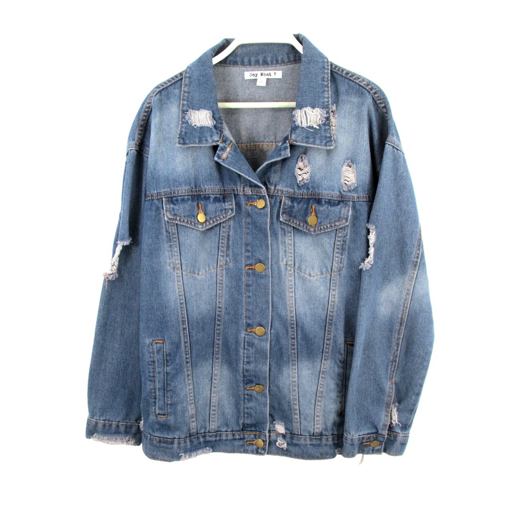 Say What? Women XL Blue Denim Distressed Trucker Jean Jacket Western Cowgirl